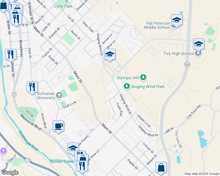 map of restaurants, bars, coffee shops, grocery stores, and more near 2105 Singing Wind Drive in Kerrville
