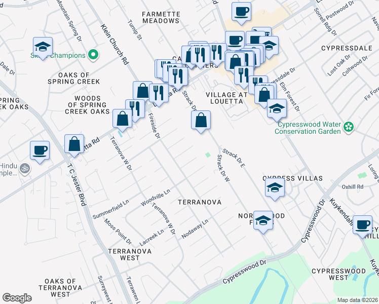 map of restaurants, bars, coffee shops, grocery stores, and more near 5223 Alamosa Lane in Spring