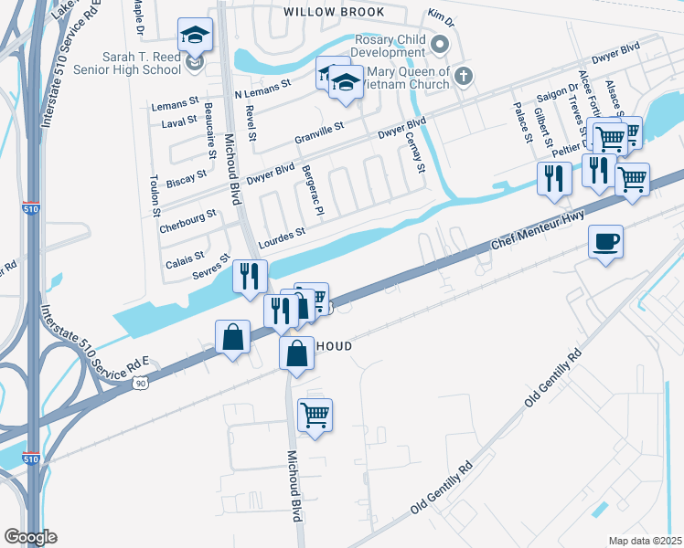 map of restaurants, bars, coffee shops, grocery stores, and more near 13501 Chef Menteur Highway in New Orleans