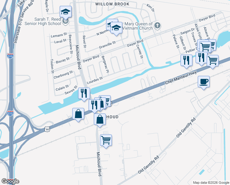 map of restaurants, bars, coffee shops, grocery stores, and more near 13501 Chef Menteur Highway in New Orleans