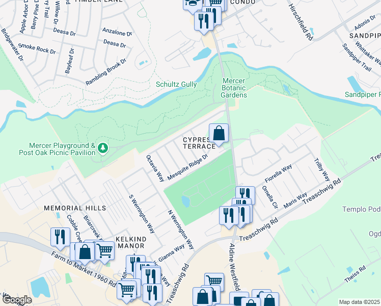 map of restaurants, bars, coffee shops, grocery stores, and more near 21823 Siberian Elm Lane in Houston