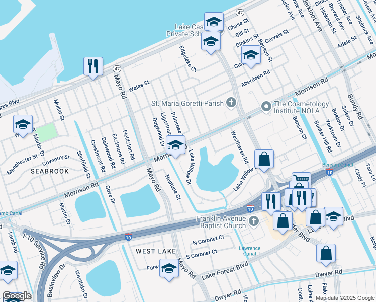 map of restaurants, bars, coffee shops, grocery stores, and more near 7220 Lake Willow Drive in New Orleans