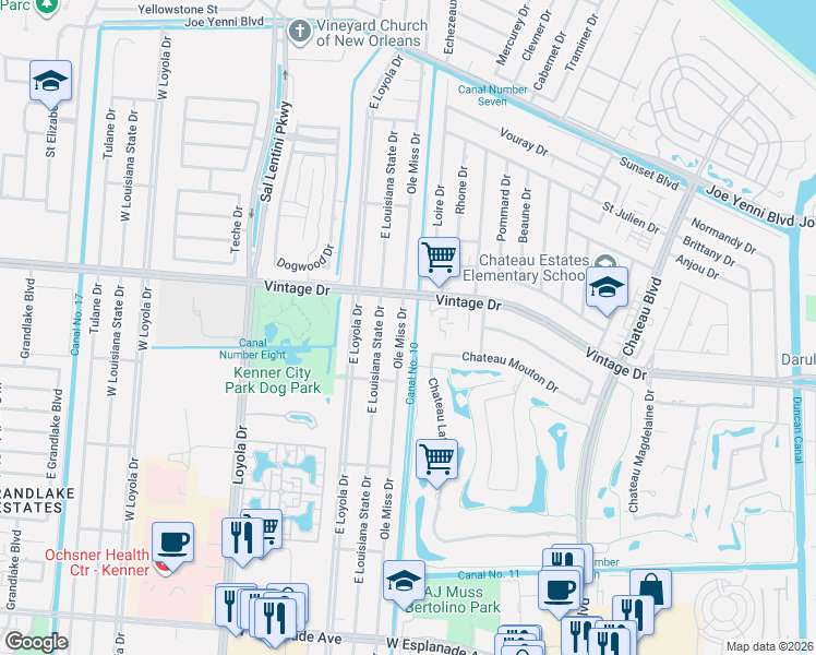 map of restaurants, bars, coffee shops, grocery stores, and more near 3822 Ole Miss Drive in Kenner