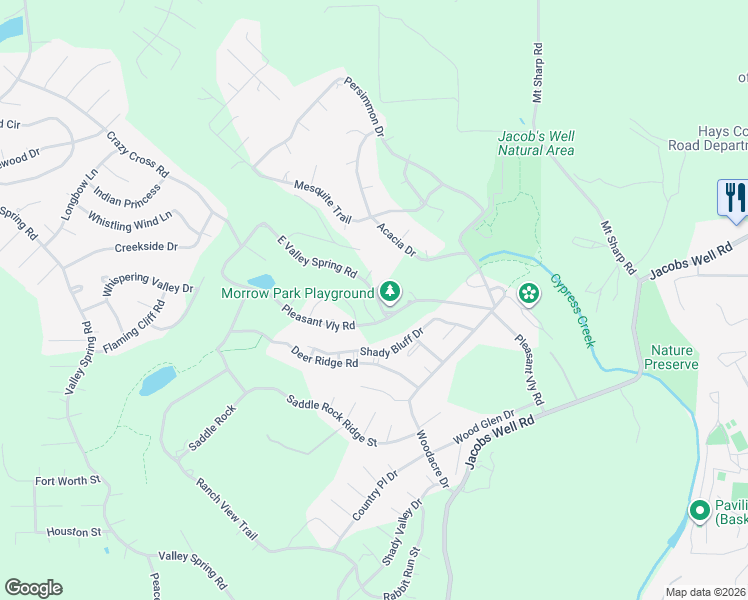 map of restaurants, bars, coffee shops, grocery stores, and more near 6 East Valley Spring Road in Wimberley