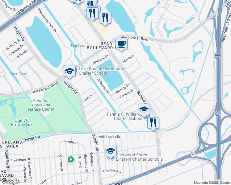 map of restaurants, bars, coffee shops, grocery stores, and more near 11260 Waverly Drive in New Orleans