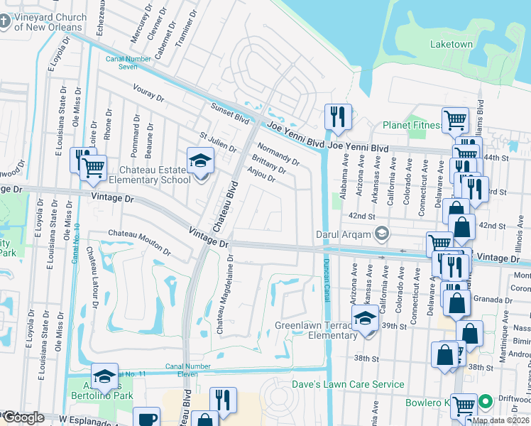 map of restaurants, bars, coffee shops, grocery stores, and more near 9 Rue Lemans in Kenner