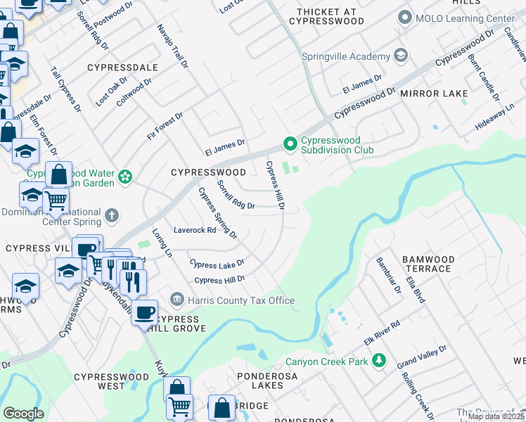 map of restaurants, bars, coffee shops, grocery stores, and more near 17419 Sorrell Ridge Drive in Spring
