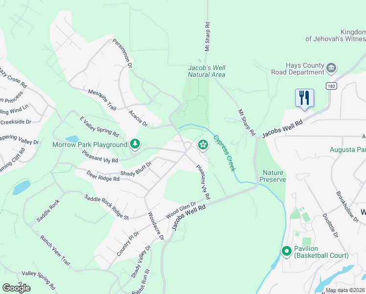 map of restaurants, bars, coffee shops, grocery stores, and more near 7 Cypress Fairway Village in Wimberley