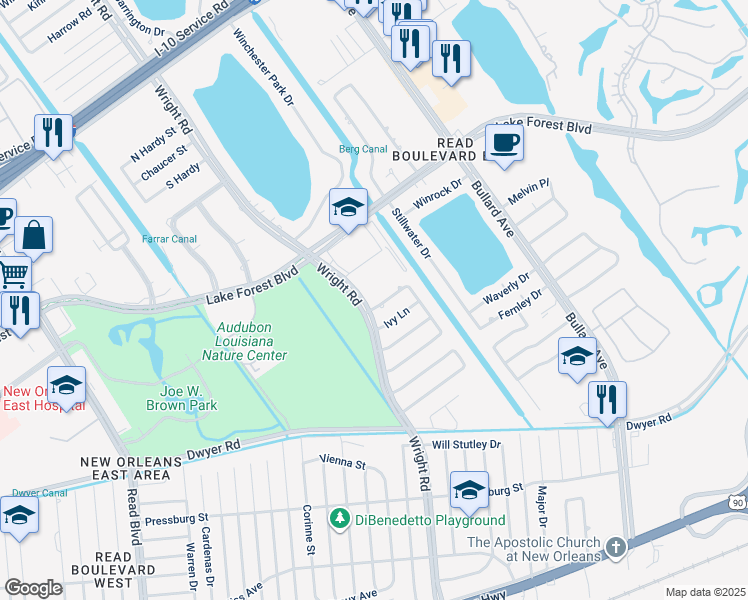map of restaurants, bars, coffee shops, grocery stores, and more near 11130 North Idlewood Court in New Orleans