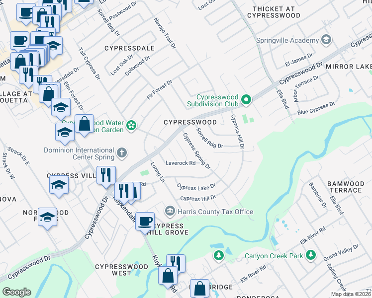 map of restaurants, bars, coffee shops, grocery stores, and more near 17615 Cypress Spring Drive in Spring