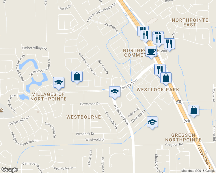 map of restaurants, bars, coffee shops, grocery stores, and more near 12023 Sun Canyon Court in Tomball