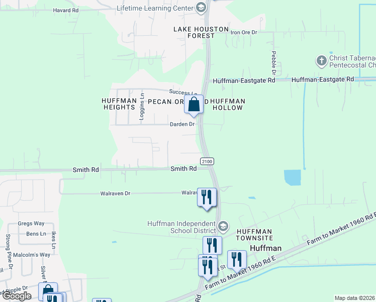 map of restaurants, bars, coffee shops, grocery stores, and more near 24807 Farm to Market 2100 in Huffman