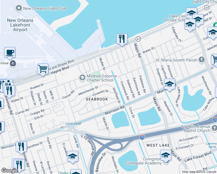 map of restaurants, bars, coffee shops, grocery stores, and more near 6931 Coventry Street in New Orleans