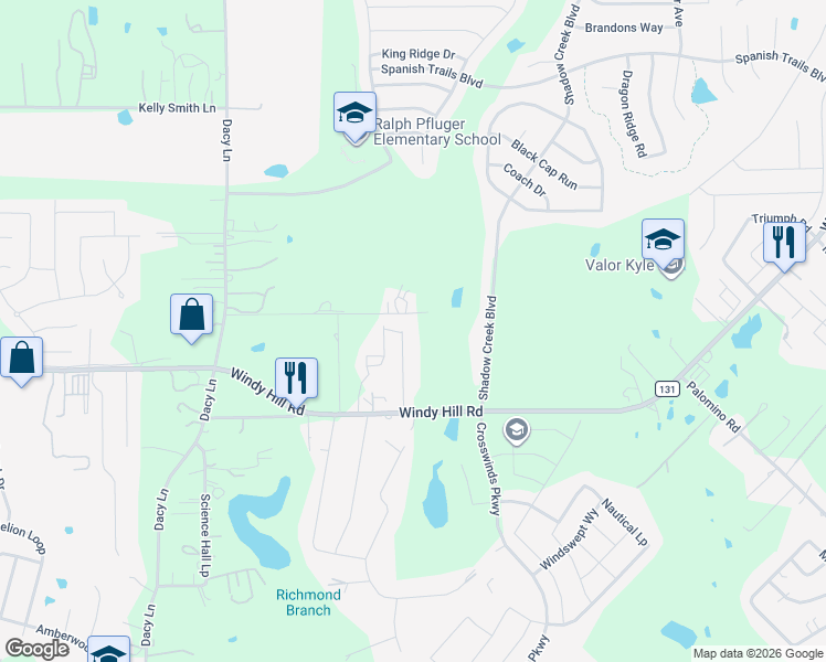 map of restaurants, bars, coffee shops, grocery stores, and more near 103 Belinda Lane in Kyle