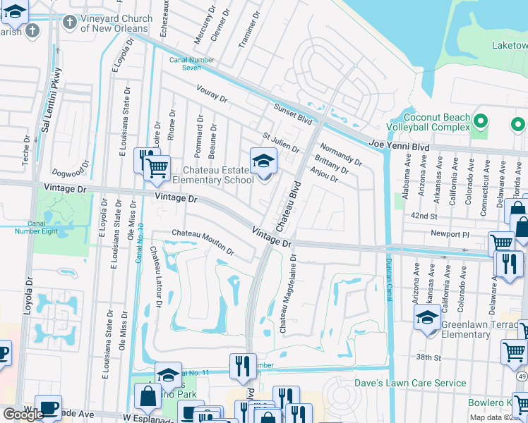 map of restaurants, bars, coffee shops, grocery stores, and more near 4121 Medoc Drive in Kenner