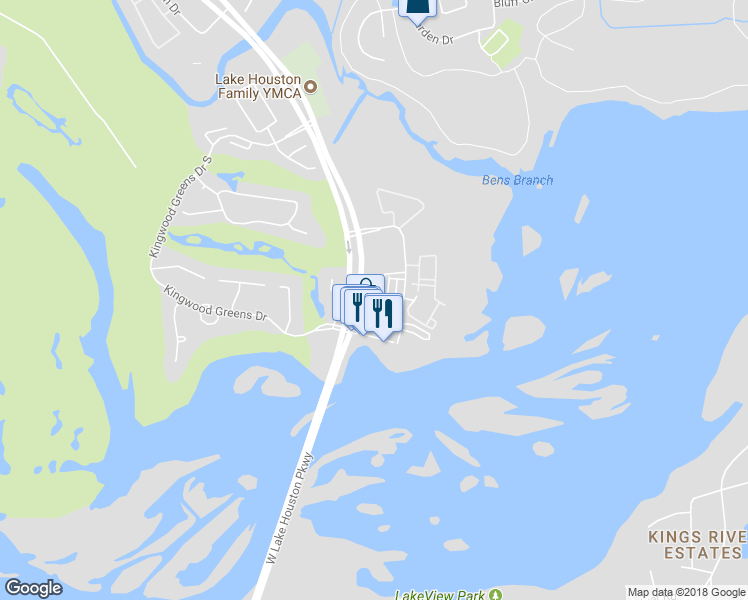 map of restaurants, bars, coffee shops, grocery stores, and more near 1710 West Lake Houston Parkway in Humble