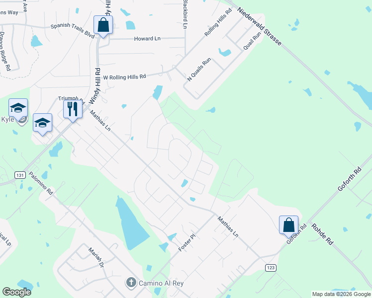 map of restaurants, bars, coffee shops, grocery stores, and more near 1001 Mathias Lane in Kyle