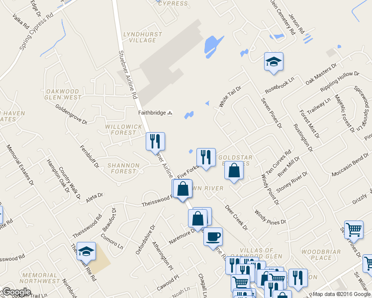 map of restaurants, bars, coffee shops, grocery stores, and more near 17814 Stuebner Airline Road in Spring