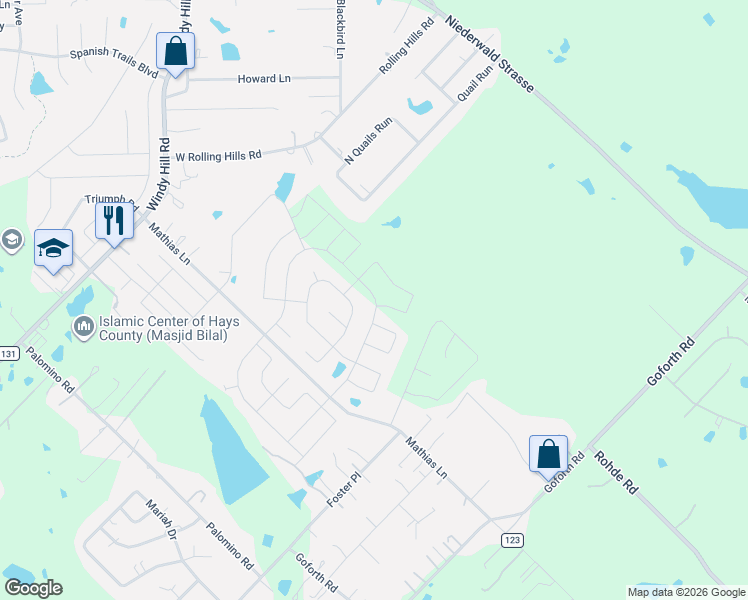 map of restaurants, bars, coffee shops, grocery stores, and more near 1001 Mathias Lane in Kyle