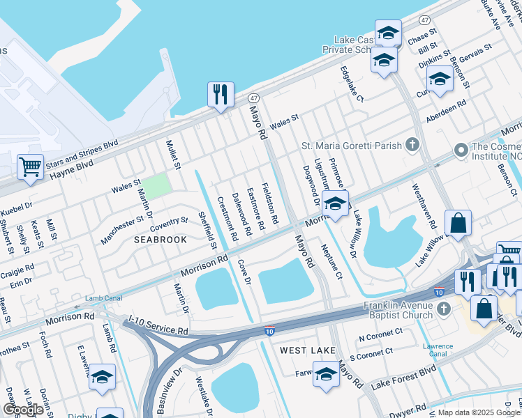 map of restaurants, bars, coffee shops, grocery stores, and more near 7420 Eastmore Road in New Orleans