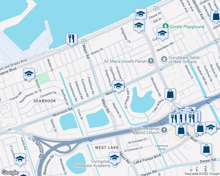 map of restaurants, bars, coffee shops, grocery stores, and more near 7900 Morrison Road in New Orleans