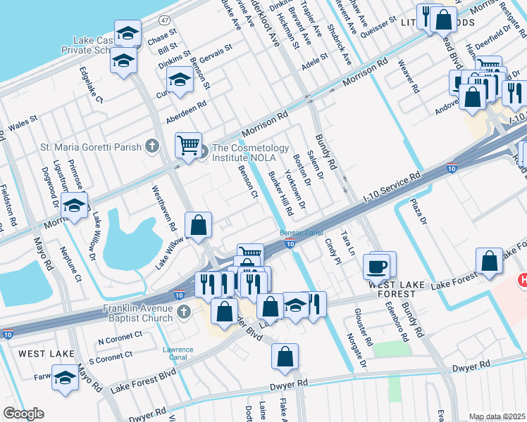 map of restaurants, bars, coffee shops, grocery stores, and more near 8450 Huntington Park Drive in New Orleans