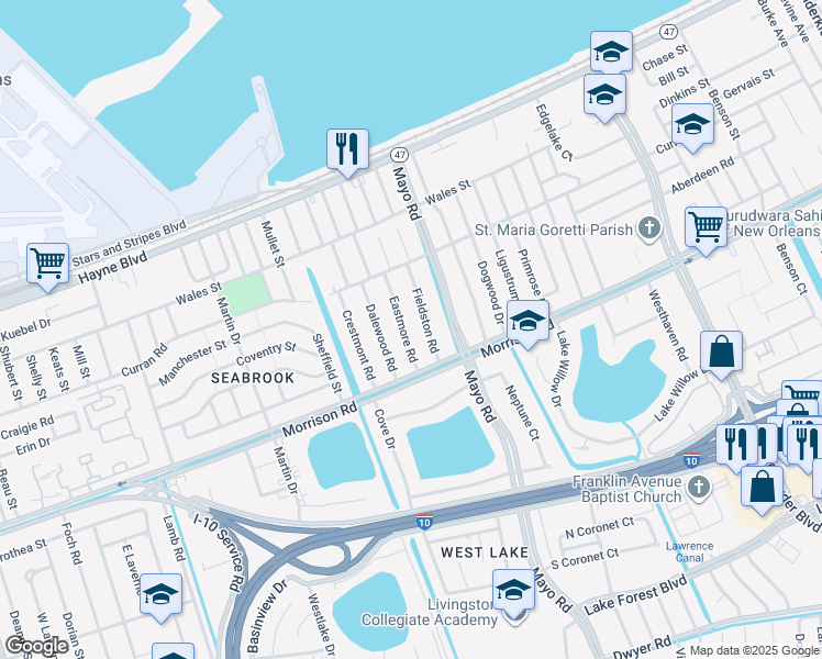 map of restaurants, bars, coffee shops, grocery stores, and more near 7420 Eastmore Road in New Orleans