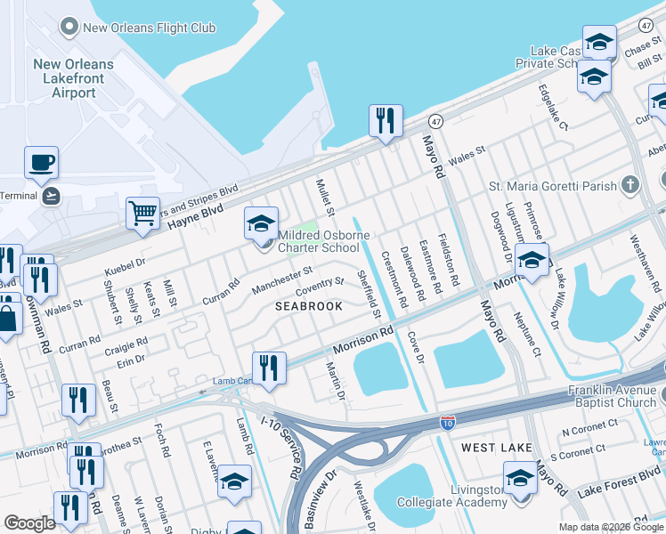 map of restaurants, bars, coffee shops, grocery stores, and more near 6931 Coventry Street in New Orleans
