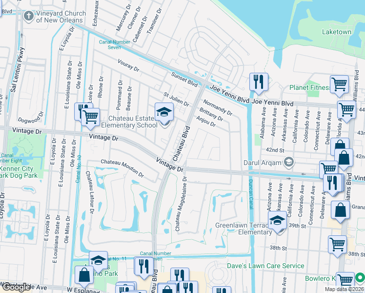 map of restaurants, bars, coffee shops, grocery stores, and more near 4117 Chateau Boulevard in Kenner