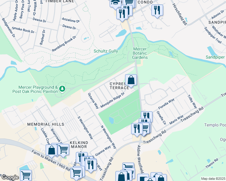 map of restaurants, bars, coffee shops, grocery stores, and more near 21823 Siberian Elm Lane in Houston