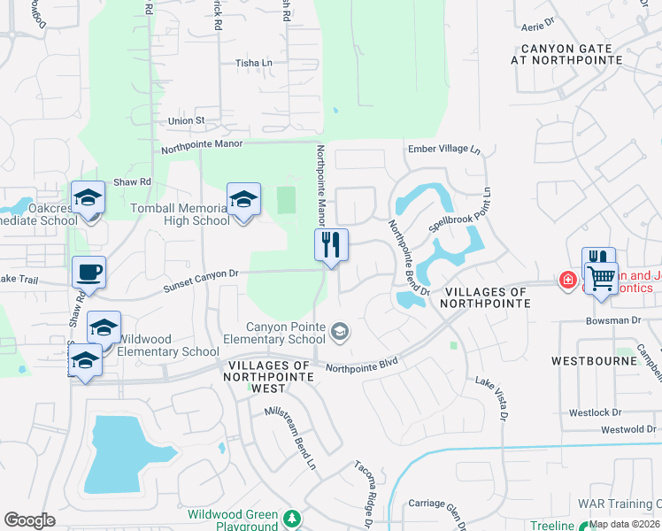 map of restaurants, bars, coffee shops, grocery stores, and more near 19007 Rustling Ridge Drive in Tomball