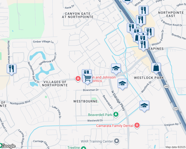 map of restaurants, bars, coffee shops, grocery stores, and more near 12030 Iris Canyon Drive in Tomball