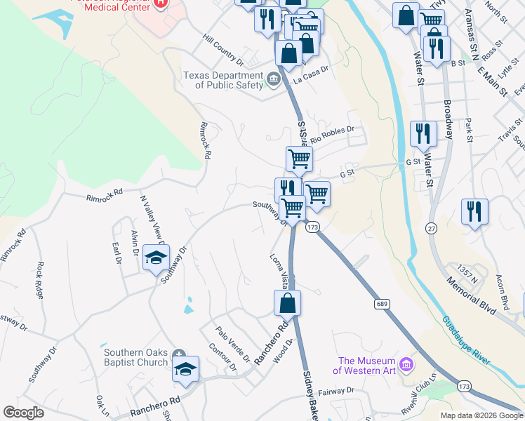 map of restaurants, bars, coffee shops, grocery stores, and more near 116 Southway Drive in Kerrville