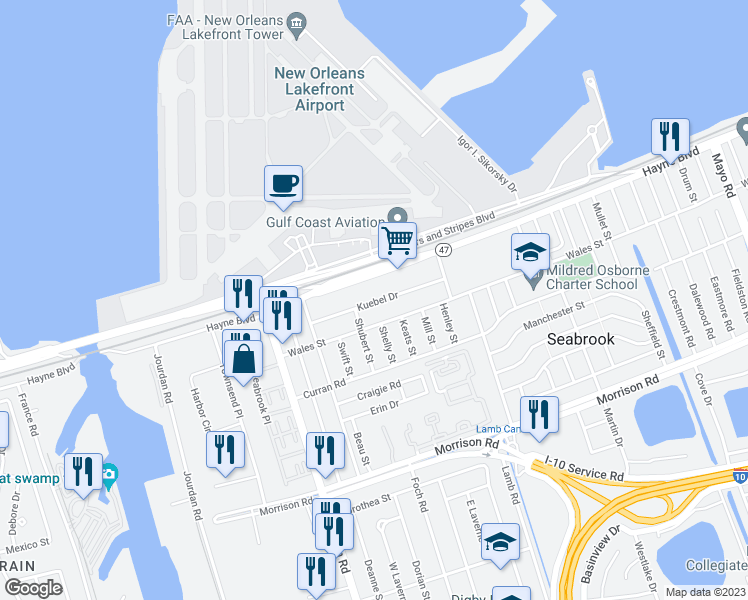 map of restaurants, bars, coffee shops, grocery stores, and more near 6209 Kuebel Drive in New Orleans