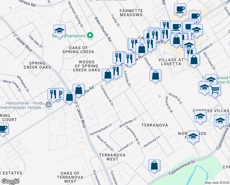 map of restaurants, bars, coffee shops, grocery stores, and more near 5410 Bryanhurst Lane in Spring
