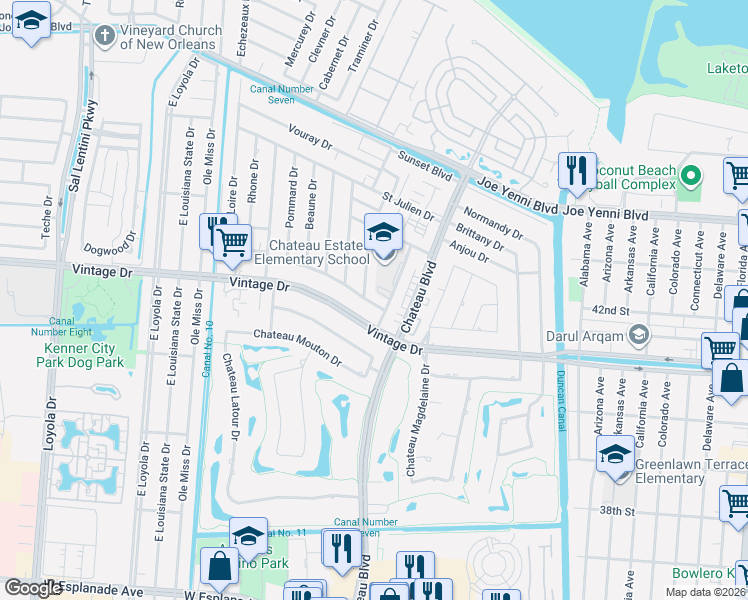 map of restaurants, bars, coffee shops, grocery stores, and more near 933 Champagne Drive in Kenner
