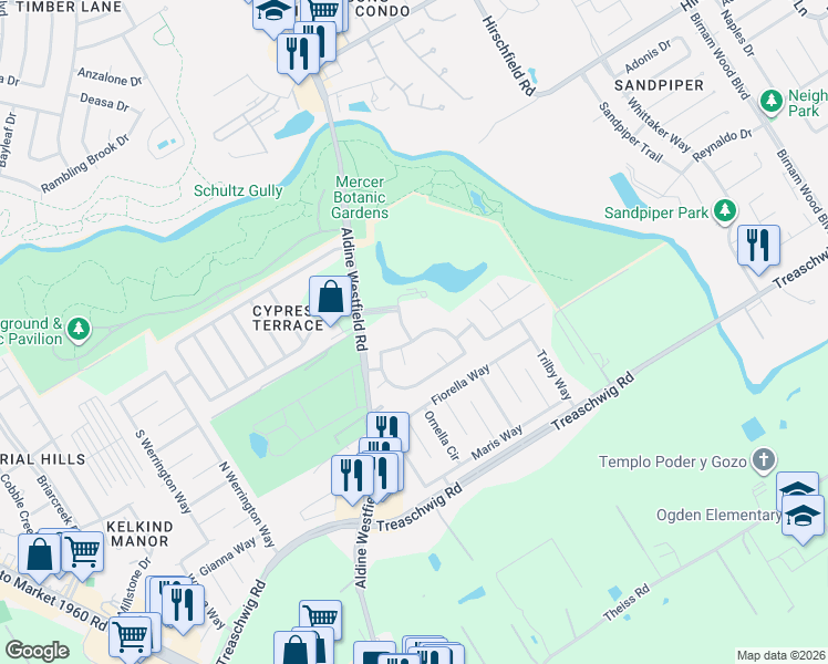 map of restaurants, bars, coffee shops, grocery stores, and more near 3406 Bluebird Park Lane in Humble
