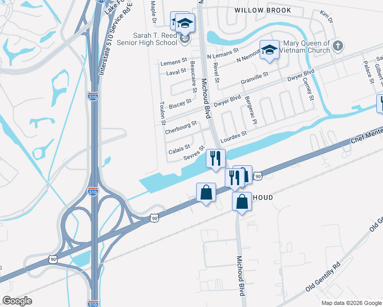 map of restaurants, bars, coffee shops, grocery stores, and more near 13111 Sevres Street in New Orleans