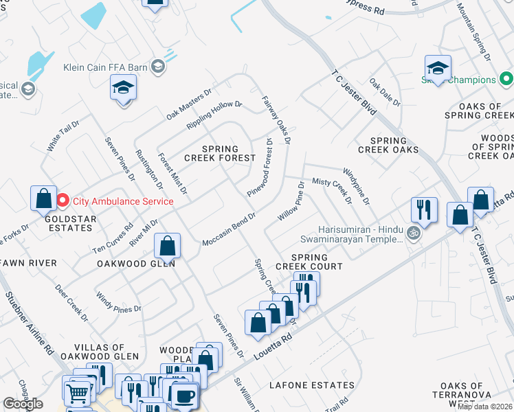 map of restaurants, bars, coffee shops, grocery stores, and more near 6419 Moccasin Bend Drive in Spring