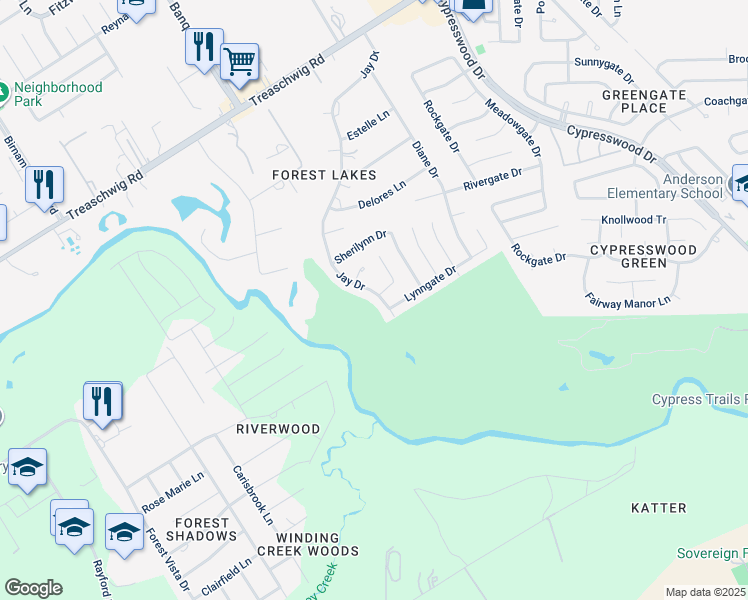 map of restaurants, bars, coffee shops, grocery stores, and more near 22103 Jay Drive in Spring