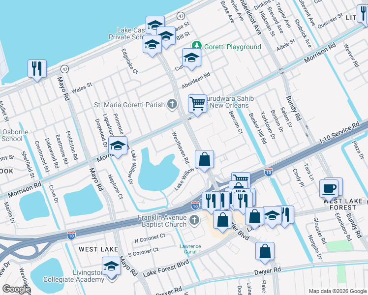 map of restaurants, bars, coffee shops, grocery stores, and more near 7146 Westhaven Road in New Orleans