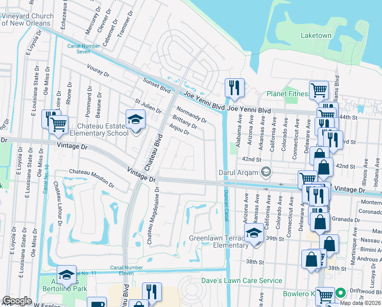 map of restaurants, bars, coffee shops, grocery stores, and more near 9 Rue Lemans in Kenner