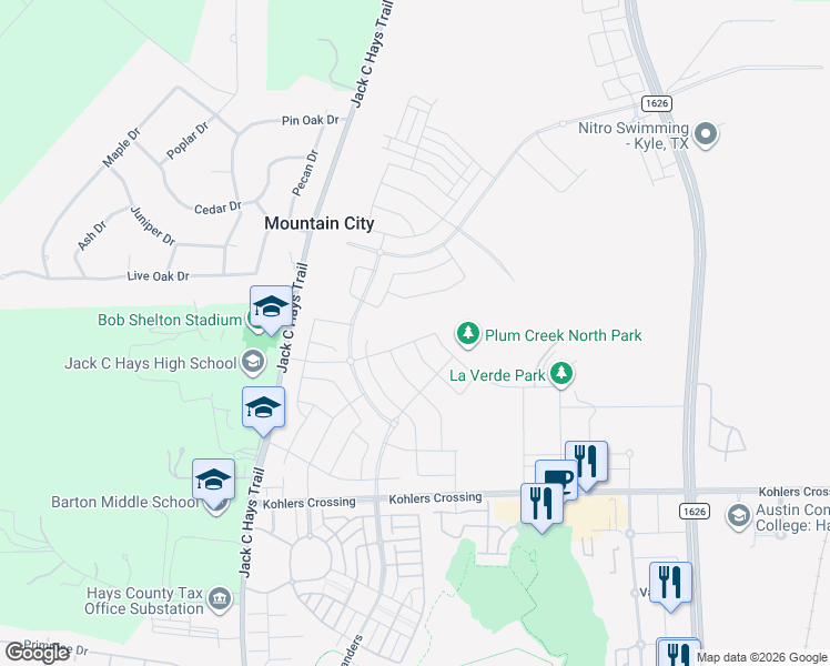 map of restaurants, bars, coffee shops, grocery stores, and more near 101 Madrid in Kyle