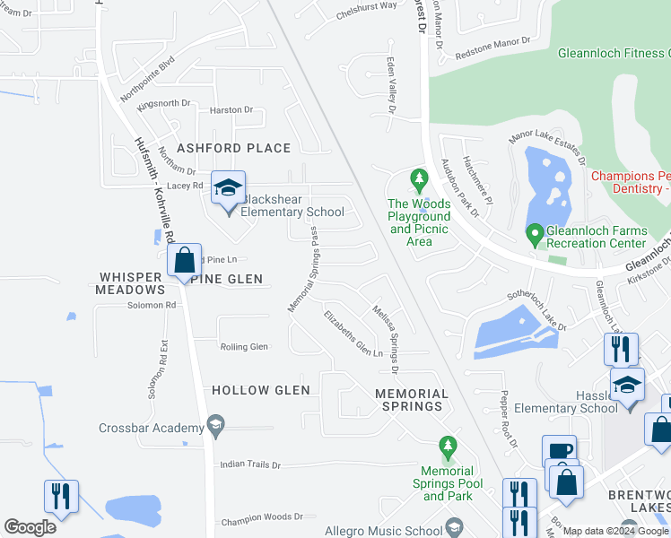 map of restaurants, bars, coffee shops, grocery stores, and more near 10019 Blissfull Valley Lane in Tomball
