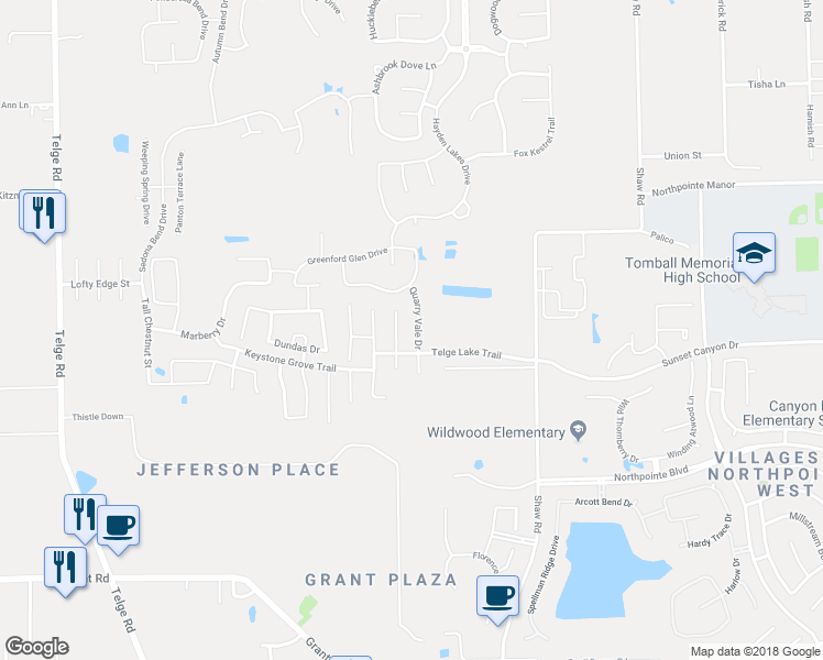 map of restaurants, bars, coffee shops, grocery stores, and more near 18119 Quarry Vale Drive in Cypress