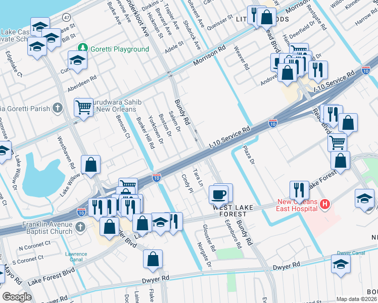 map of restaurants, bars, coffee shops, grocery stores, and more near 9050 Bunker Hill Road in New Orleans