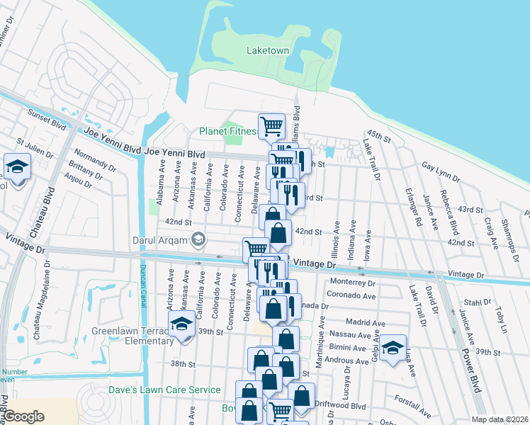 map of restaurants, bars, coffee shops, grocery stores, and more near 4204 Delaware Avenue in Kenner