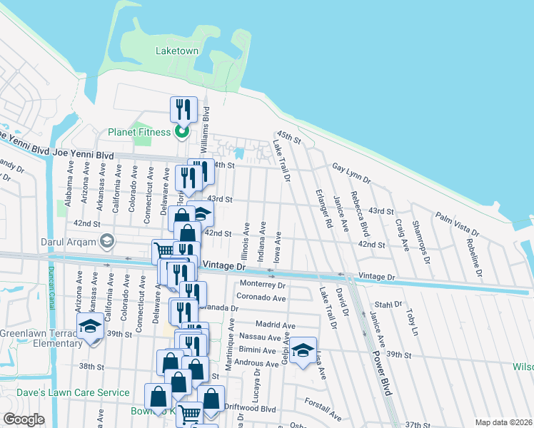 map of restaurants, bars, coffee shops, grocery stores, and more near 4216 Indiana Avenue in Kenner