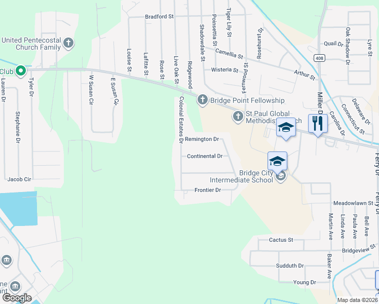 map of restaurants, bars, coffee shops, grocery stores, and more near 633 Continental Drive in Bridge City