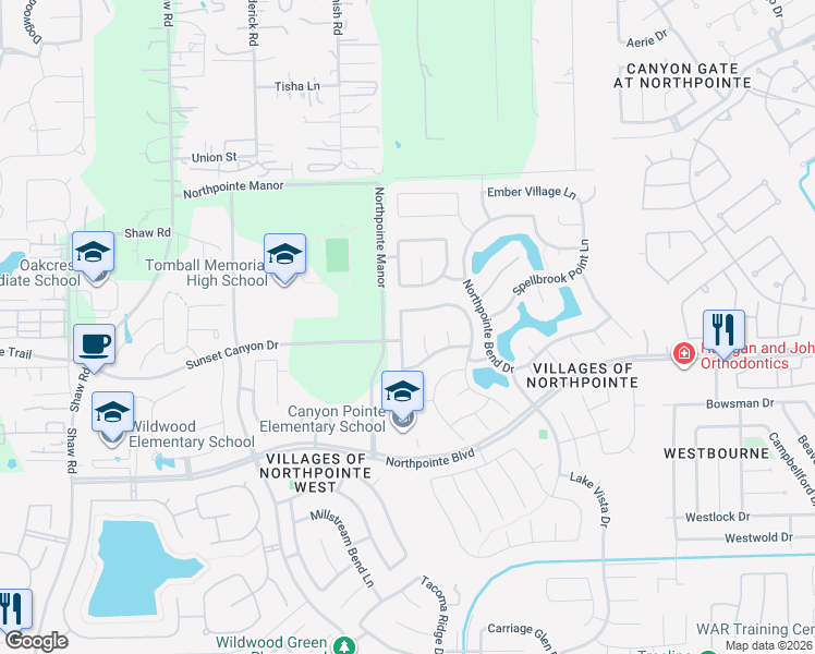 map of restaurants, bars, coffee shops, grocery stores, and more near 19007 Rustling Ridge Drive in Tomball